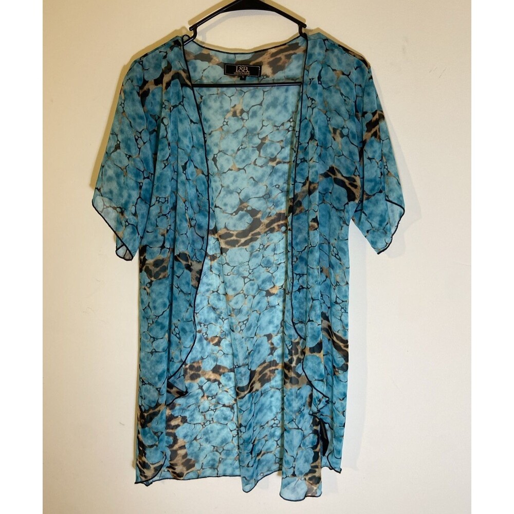 L&B Wrap womens Small Blue Gold semi Sheer Coverup Open Front Caftan Marbled